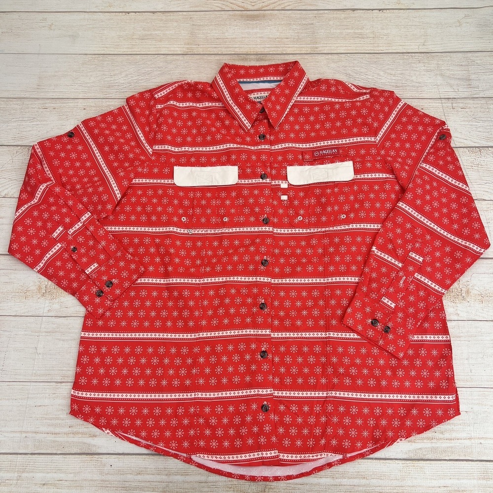 Magellan Outdoors Women Red Shirt Long Sleeves Button Front Snowflake Print 2XL